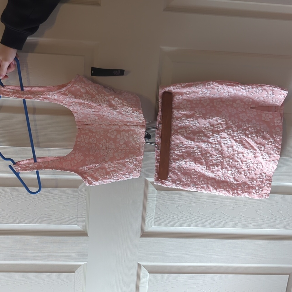 Pink and white floral print top and skirt set